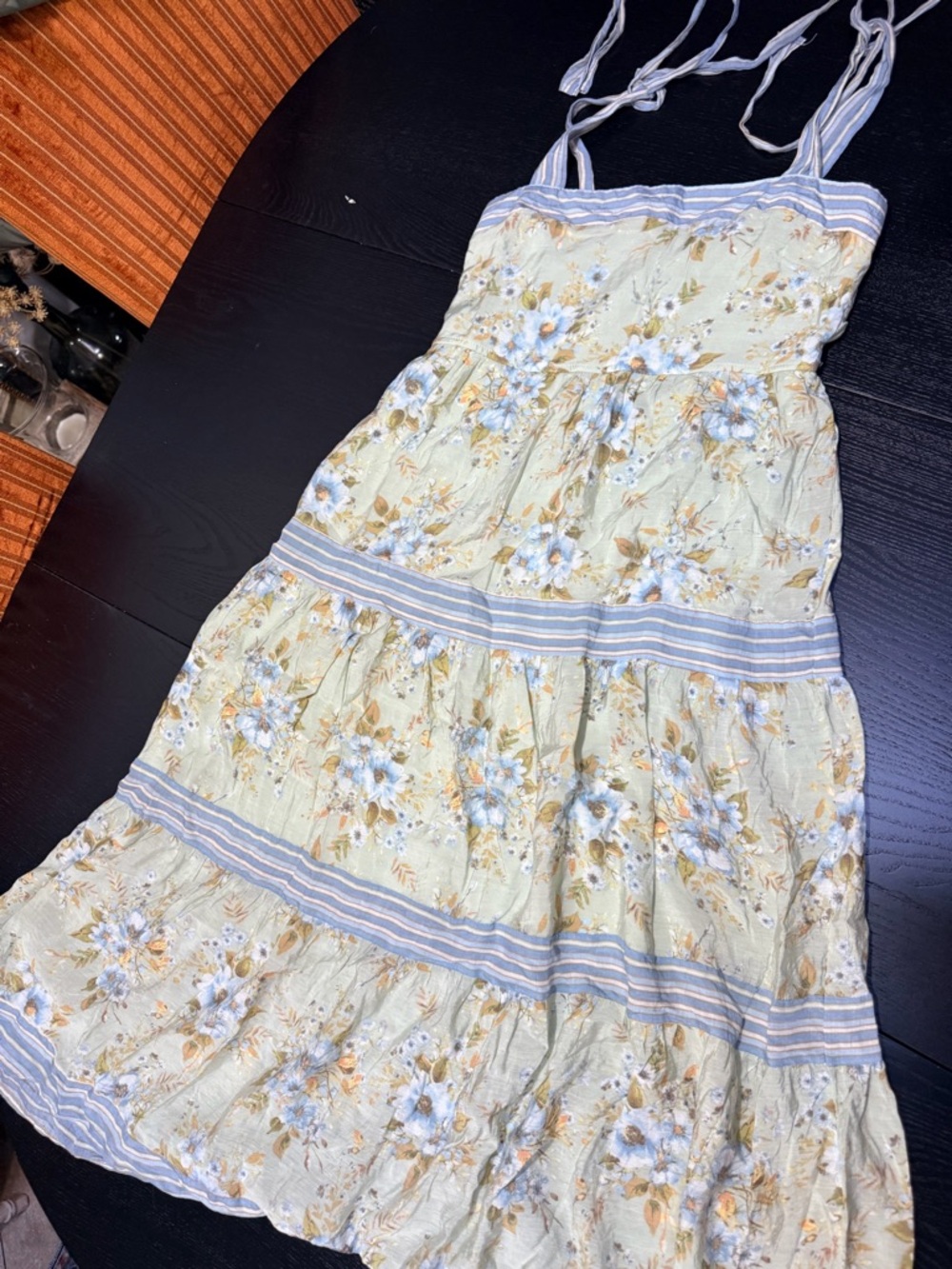 Light Yellow Floral Tiered Sundress with Blue Trim
